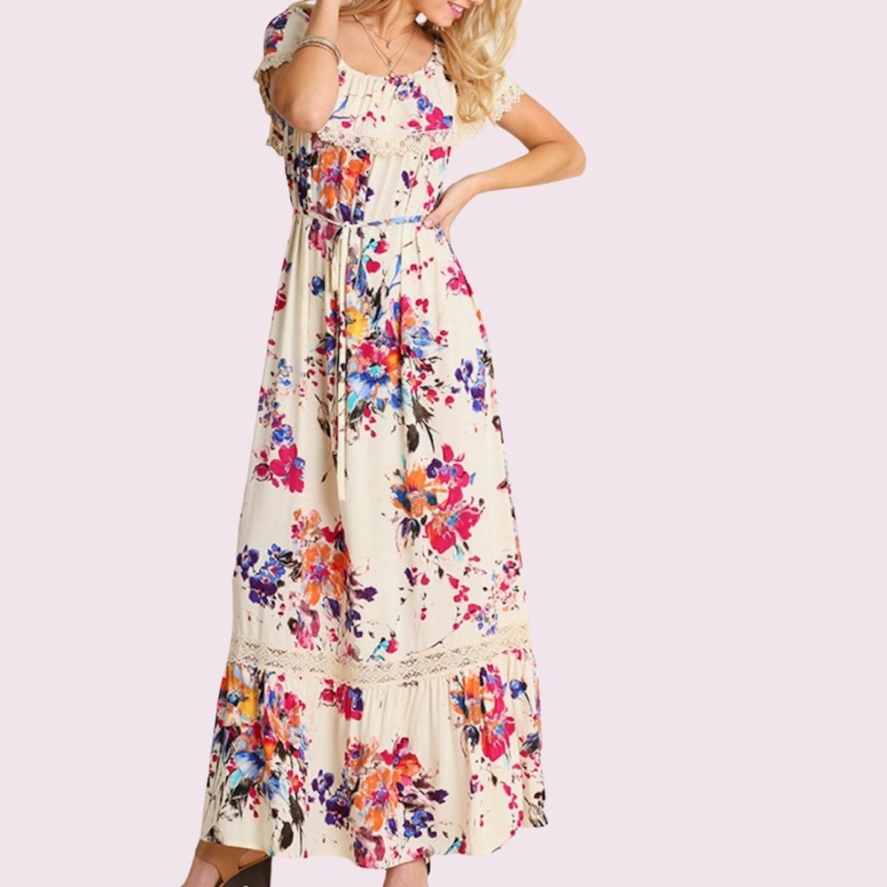 Umgee Floral Maxi Dress - Cream with Multicolor Accents